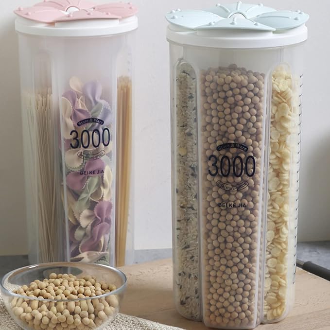 Airtight Kitchen Food Storage Container, Leak-Proof BPA Free Plastic Plastic Dry Cereal Dispensers Containers with Durable Lids for Flour, Sugar, Rice (3000ml 4 Color-4 Grid)