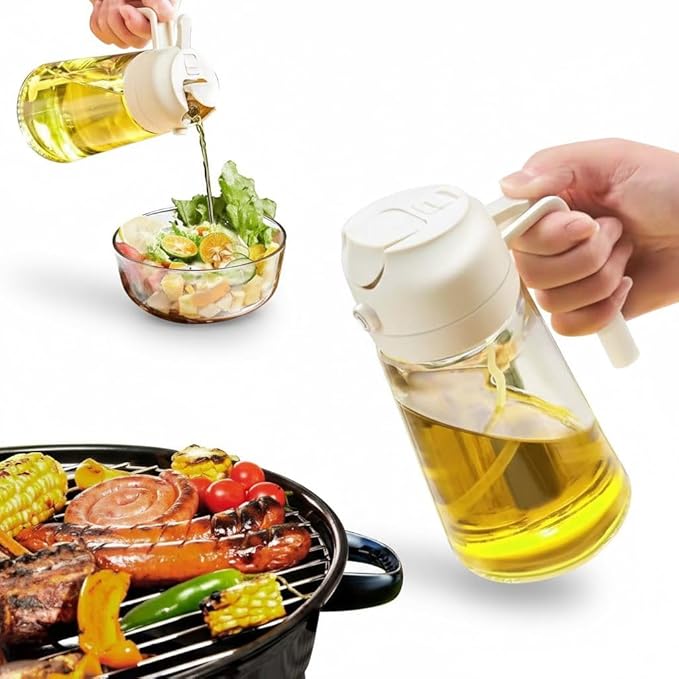 2-in-1 Oil Sprayer & Pour Bottle for Cooking – 470ml Glass Olive Oil Dispenser with Leak-Proof Stainless Steel Nozzle, Fine Mist Spray for Healthy Cooking, Air Fryer & Salad (white)