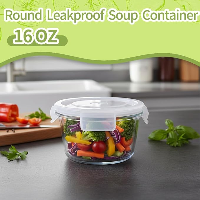 H.JSS WDJS 2 Cup Round Glass Food Storage Containers with Airtight Lids,16oz Round Glass Soup Container, BPA free Small Food Storage Containers for Leftover. Microwave, Freezer, Dishwashe safe-4pack