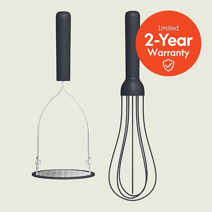 bella 2 Piece Compact Masher and Whisk Set, Fold Flat, Stainless steel and silicone, Foldable Masher, Ballon Whisk, Flat Whisk, Non-stick, Nonslip, Heat safe to 425°F, Slate