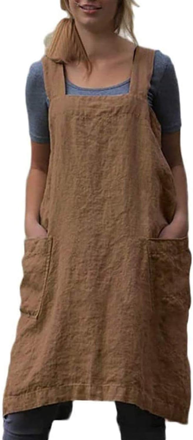 VLZUFE Cotton Linen Apron for women Cross Back Apron Pinafore Dress for Baking Cooking Gardening Work