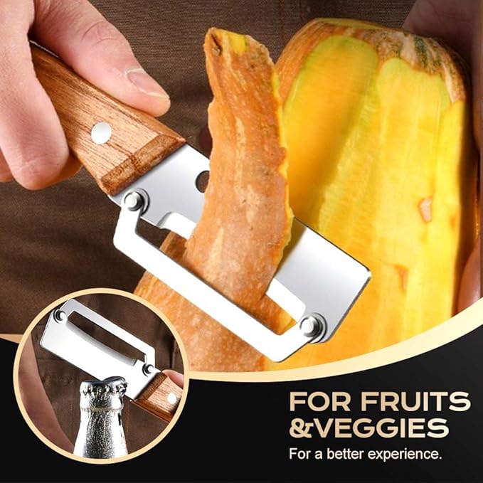 2 Packs Multi-Functional Vegetable Peeler for Kitchen, 2 in 1 Fruit Peeler and Bottle Opener, Stainless Steel Curved Blade Fruit & Vegetable Peeler for Potato Pumpkin Papaya Zucchini (Wood)