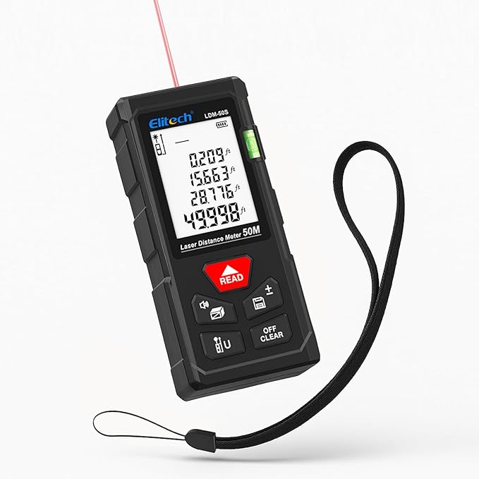Elitech Laser Measure 165ft, Digital Laser Tape Measure for Home Decor & DIY, Handheld Distance Meter with Bubble Level, 99 Data Memory - Easier Than Metal Tape (Battery & Hand Strap Included)