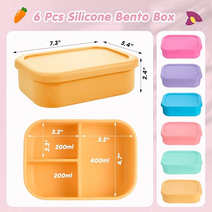 Layhit 6 Pcs Silicone Bento Box for Adults, 27 oz Bento Lunch Container 3 Compartment Lunchable Food Container for Women Men, Leak Proof Microwave Dishwasher Freezer Safe (Fluorescent Multicolor)