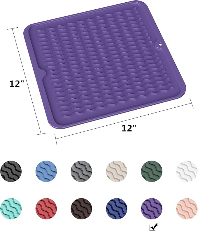 ZLR Silicone Dish Drying Mat 12" x 12" Square - Small Heat Resistant Trivet & Countertop Protector for Air Fryer, Coffee Maker - Waterproof Kitchen Drain Pad for Cups, Fruit (Meadow Violet)