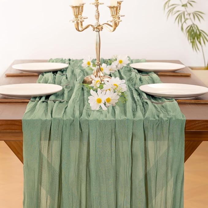 Socomi 2pcs Sage Green Cheesecloth Table Runner Easter Spring Boho Rustic Gauze 120 inch 10FT Cheese Cloth Runner for Wedding Party Baby Shower Home Decor Holiday Decorations