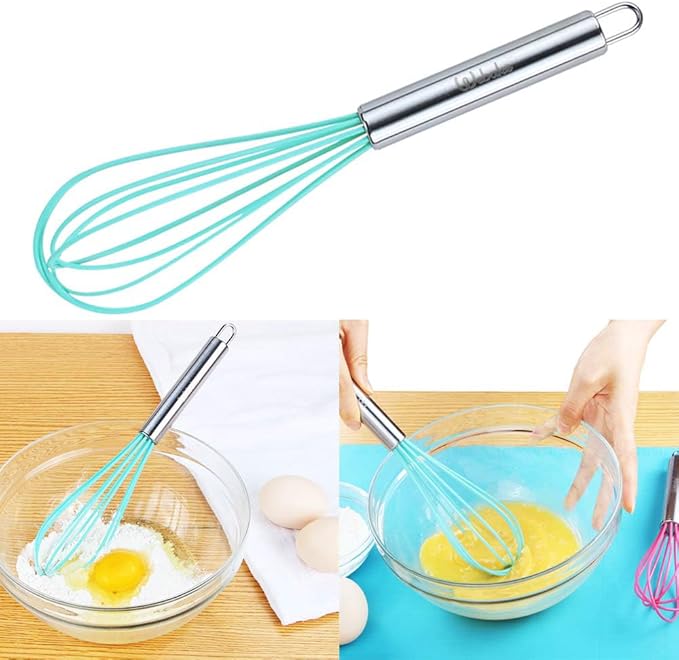 Webake 8 Inch and 10 Inch Silicone Whisk Set of 4, Egg Beater Whisk Balloon Egg Sauce Whisk with 6 Wires, French Whisk Stainless Steel Mini Silicone Whisk for Nonstick Cookware,Solid Color