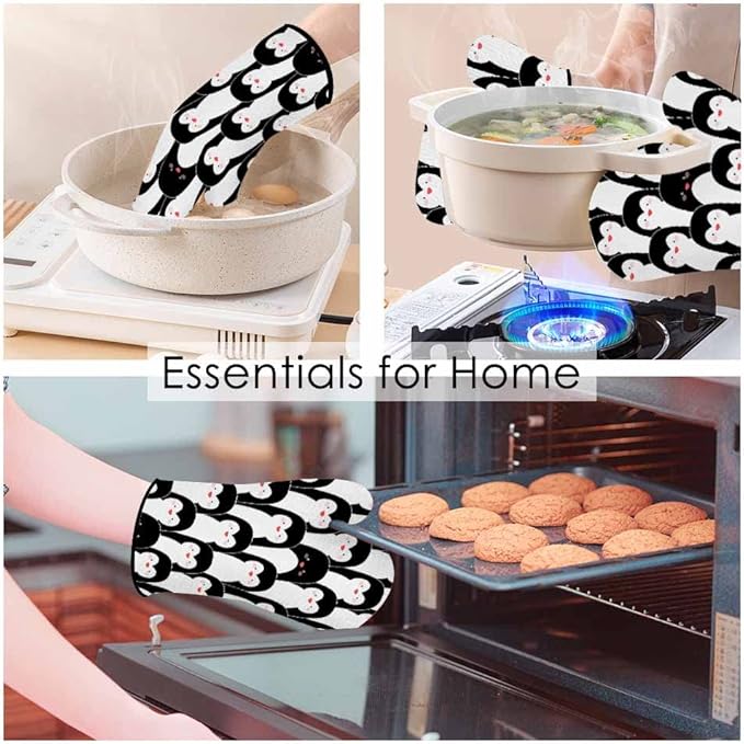 Cute Penguins Oven Mitts and Pot Holders Sets Antarctic Animal Funny Oven Mitt Heat Resistant 3pcs for Cooking Baking BBQ