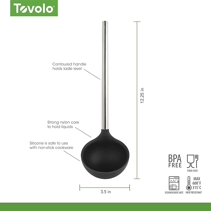 Tovolo Silicone Ladle With Stainless Steel Handle Deep Soup Ladle for Cooking Canning Serving Soup Punch Stew Sauce, Large Kitchen Utensil Spoon Dishwasher Safe BPA Free Silicone Black