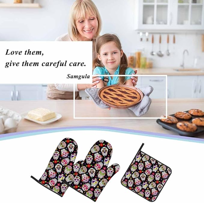 Sugar Skulls Oven Mitts and Pot Holders Sets Flower Texture Hearts Day of The Dead Heat Resistant 3pcs for Cooking Baking BBQ