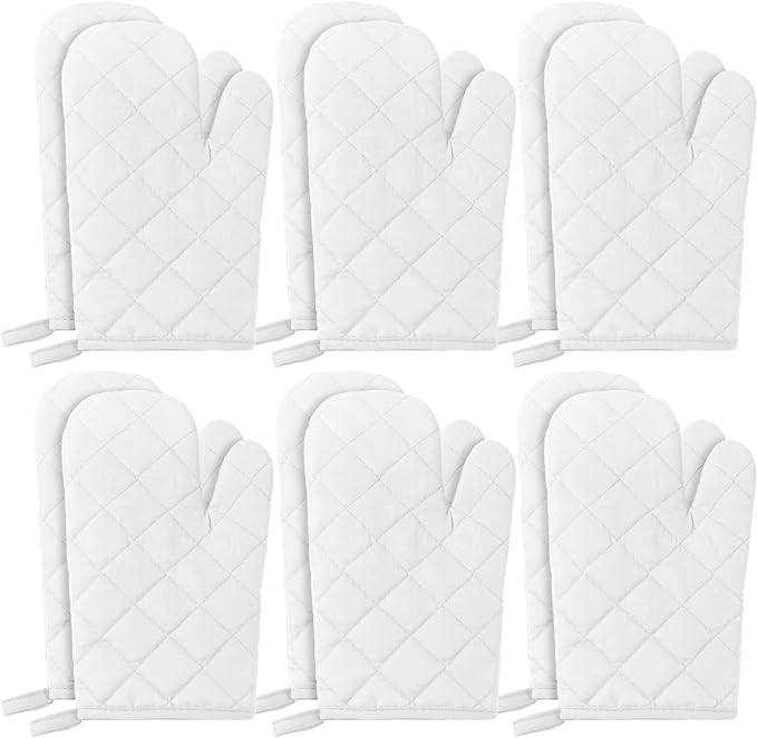 6 Pairs Heat Resistant Oven Mitts Kitchen Oven Gloves 11 Inch Long Quilted Cotton Polyester Kitchen Gloves for Cooking, Baking, Grilling BBQ (White)