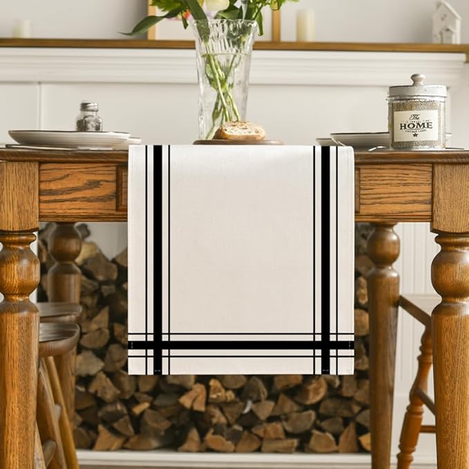 Artoid Mode Black Simple French Stripe Table Runner, Seasonal Spring Summer Kitchen Dining Table Decoration for Home Party Decor 13x72 Inch