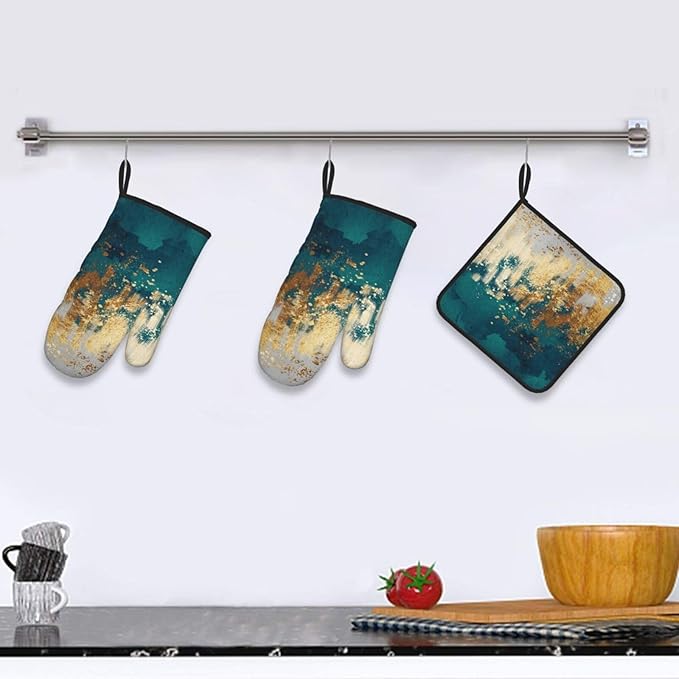 Green Gold Abstract Art Oven Mitts & Pot Holders Sets of 3, Heat Resistant Modern Teal Gold Oven Gloves and Hot Pads for Kitchen Cooking Baking Grilling, Gifts for Women, Holiday Kitchen Home Decor