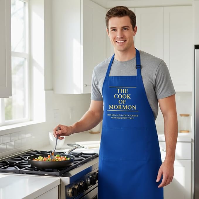 Cook of Mormon LDS Apron – Waterproof, Adjustable Neck Strap, Large Pocket, Funny Kitchen Apron for BBQ or Home Use