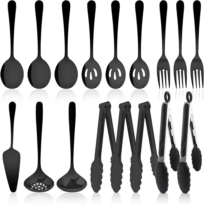 17PCS Serving Utensils Set Flatware, Stainless Steel Serveware Large Serving Spoons, Slotted Spoons, Forks, Tongs, Cake Server,Soup and Skimmer Spoon for Buffet, Catering, Party, Dinner (Black)