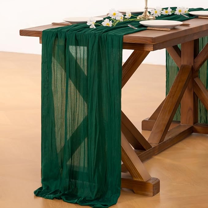 Socomi 10pcs Emerald Green Cheesecloth Table Runner Valentine's Day Boho Rustic Gauze 120 inch 10FT Cheese Cloth Runner for Wedding Party Baby Shower Birthday Home Decor Holiday Decorations