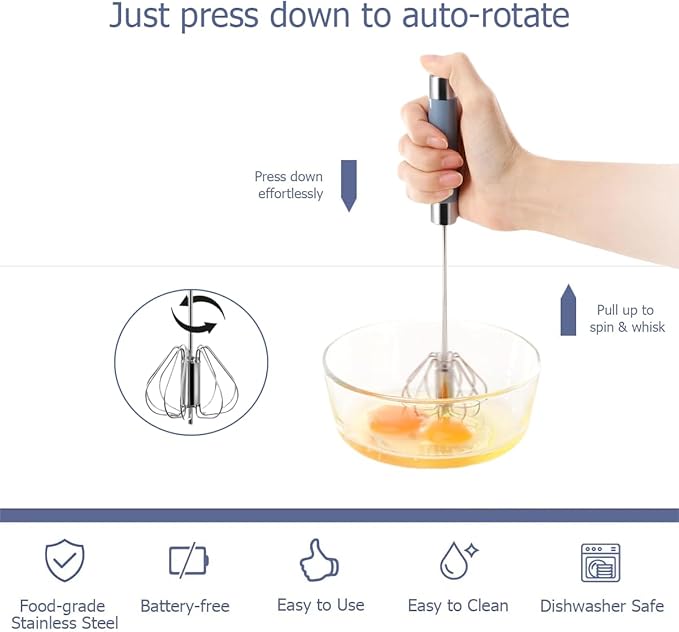Semi Automatic Whisk & Egg Yolk Separator, Stainless Steel Mini Hand Push Whisk, Hand Mixer Egg Beater Wisking Tool & Egg Separator for Raw Eggs Set, for Cooking, Baking