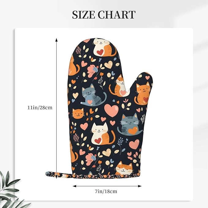 Cat Heart Silicone Oven Mitts Set of 2, Heat Resistant up to 500°F, Kitchen Oven Gloves with Non-Slip Grip and Soft Cotton Lining for Baking, Cooking and BBQ