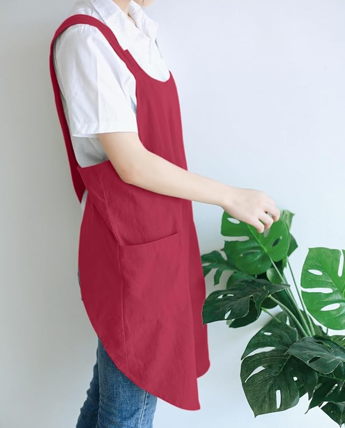 NEWGEM Japanese Cotton Linen Cross Back Cooking Apron for Women Men with Pockets Cute for Baking Kitchen