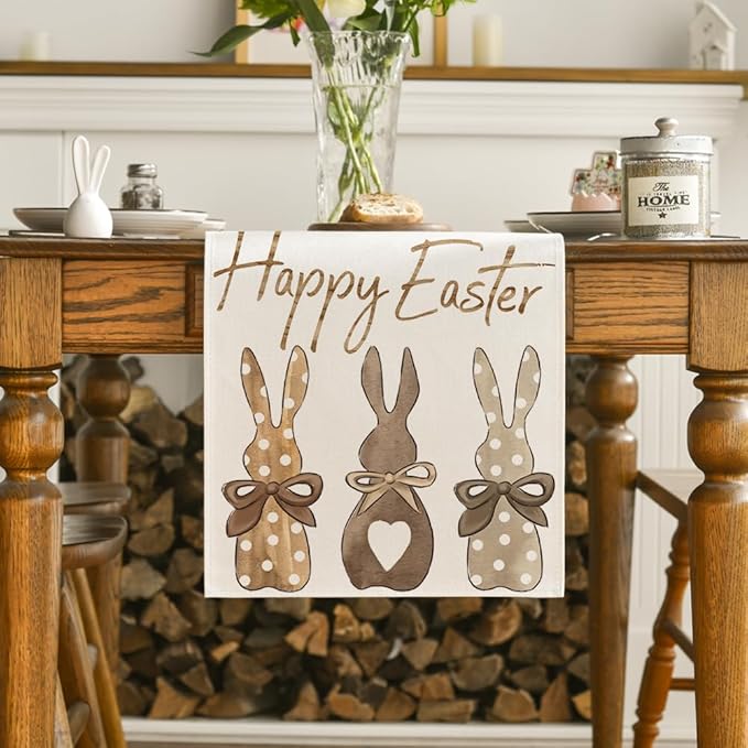 Artoid Mode Carrots Rabbit Bunny Happy Easter Table Runner, Spring Summer Seasonal Holiday Kitchen Dining Table Decoration for Indoor Outdoor Home Party Decor 13 x 120 Inch