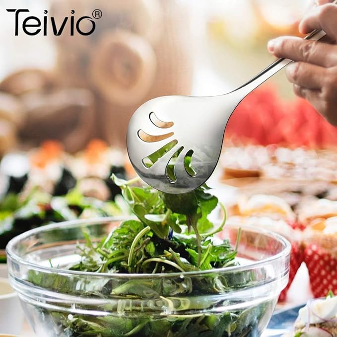 Teivio Stainless Steel Metal Serving Utensils - Large Set of 9-10" Spoons, 10" Slotted Spoons, and 9" Tongs (Silver)
