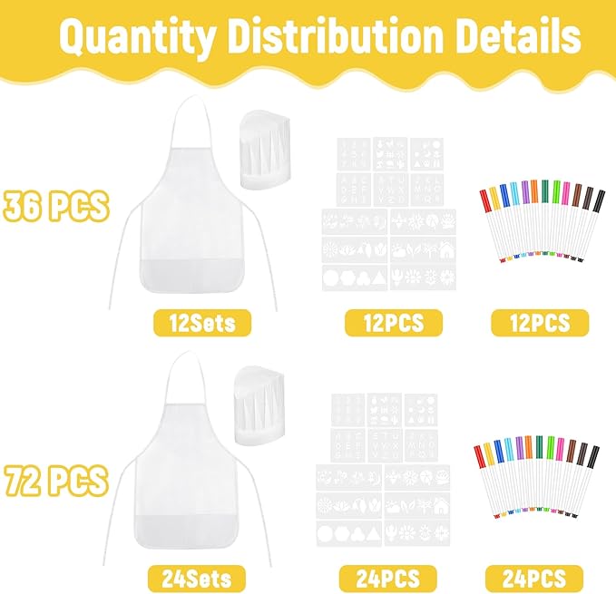 72PCS DIY Kids Chef Hat and Apron Set Kids Painting Aprons with Colored Pen and Crafts Template for Baking Painting Craft