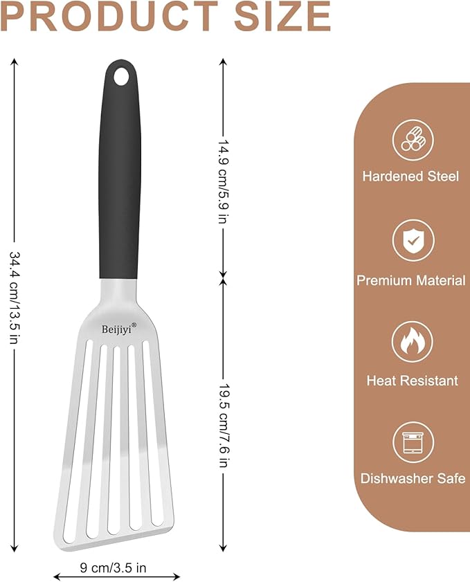 Beijiyi Fish Spatula, 13.5" Stainless Steel Slotted Turner with Silicone Handle, Metal Spatula for Cast Iron Skillet, Kitchen & Grilling Cooking Fish, Egg and Burger, Dishwasher Safe