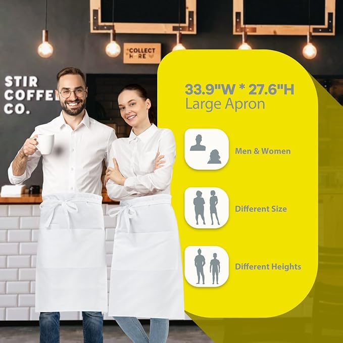 ROTANET Long Server Apron Black with 3 Pockets Bistro Half Aprons for Men Women Waiter Waitress Chef 28 Inch Waterproof