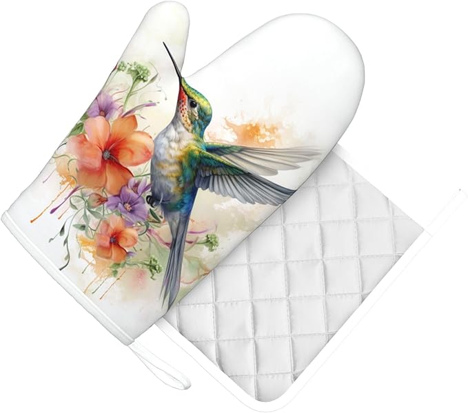 Oven Mitts and Pot Holders Watercolor Hummingbird Flower Silicone Kitchen Accessories Set of 2 Heat Resistant Long Gloves Potholder Non-Slip Grip for Chef Cooking,Baking,Grilling,BBQ