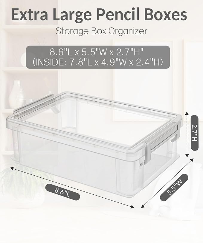 Sooez 6 Pack Extra Large Pencil Box, Plastic Hard Pencil Case Crayon Box Bulk, Clear Marker Organizer Plastic Containers with Lid, Stackable Storage Boxes for Art Craft, Back to School Supplies, Multi