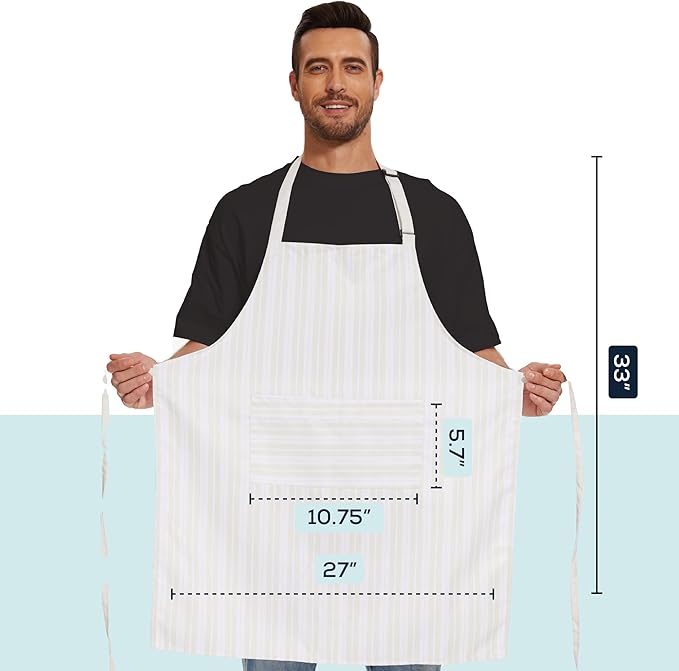 Will Well Kitchen Apron for Men and Women - 33" x 27" Oil-and-Water-Resistant with Adjustable Neck Strap and 38" Waist Ties for a Snug Fit, Lightweight with 2 Front Pockets - 6-Pack, White Stripe