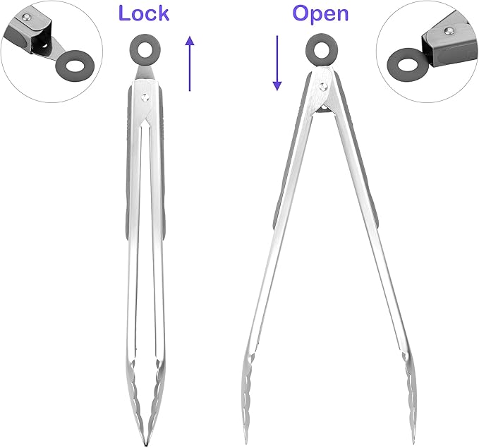 ALLWIN-HOUSEWARE W 304 Stainless Steel Kitchen Cooking Tongs, 12" and 14" Set of 2 Sturdy Grilling Barbeque Brushed Locking Food Tongs with Ergonomic Grip, Grey