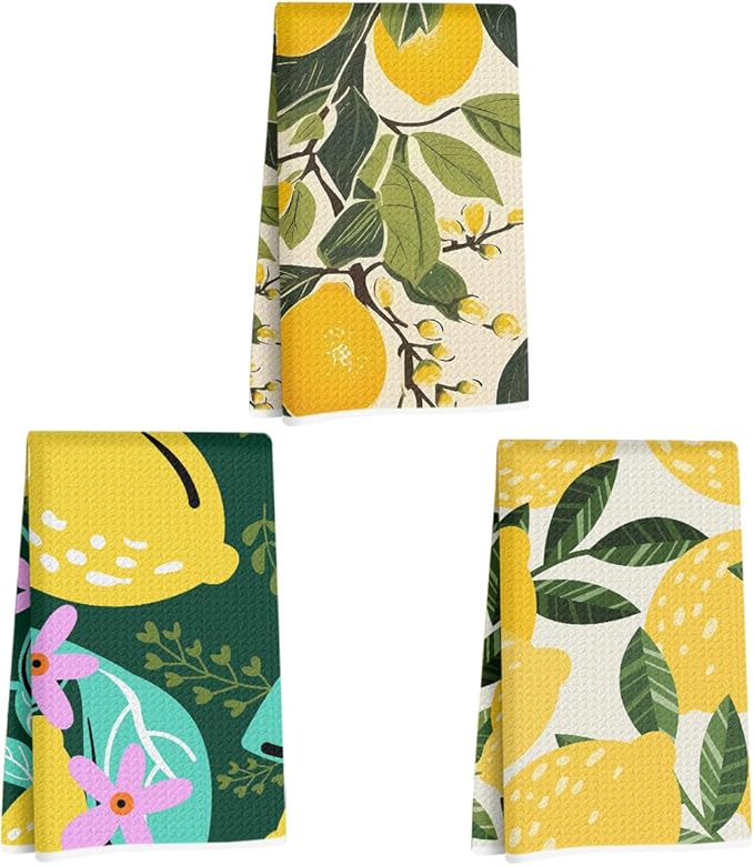 3Pcs Lemon Kitchen Towels 24x14 Inch, Reusable Cleaning Dish Towels for Home Kitchen Bathroom Farmhouse Decor, Waffle Weave Absorbent Hand Cloth Tea Towel, Lemon Gifts for Women Mom Friend Grandma