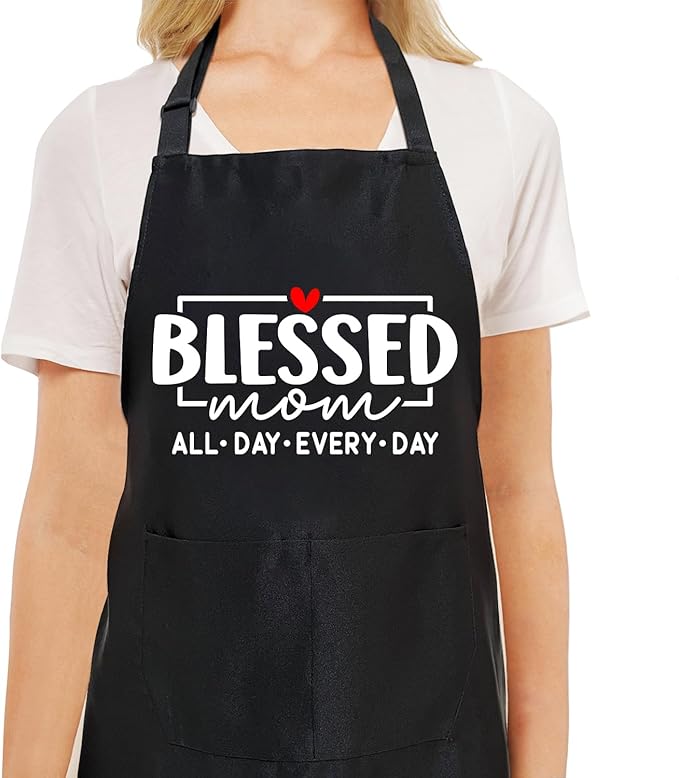 Black Baking Aprons for Women, Adjustable Cooking Baking Kitchen Aprons for Mom Chef with Pockets