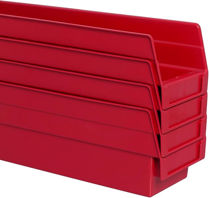 Akro-Mils 30120 Plastic Shelf Bins, Heavy Duty Storage Bins for Garage, Closet, and Drawer Organization, 12" x 4" x 4", Red, 24-Pack