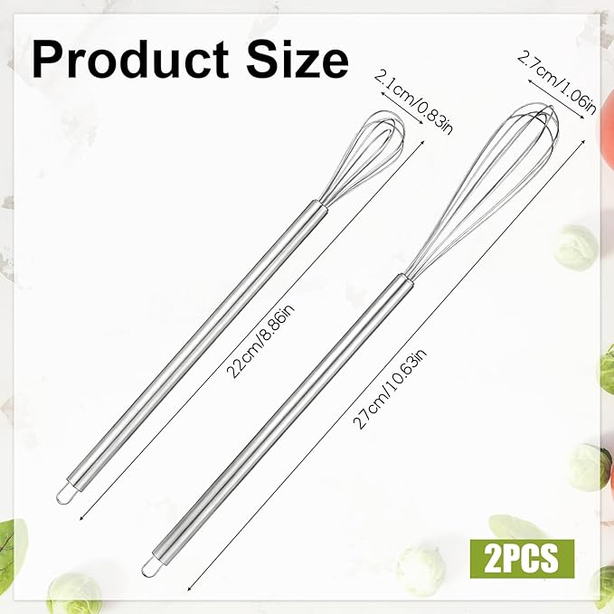 2 pcs Mini Whisk 304 Stainless Steel Small Whisks Baking Mixer Kitchen Stirrer Tiny Portable Egg Beater for Compact Beating Egg Cooking Whisking Whipping Stirring Blending Ingredient Mixing Sauce