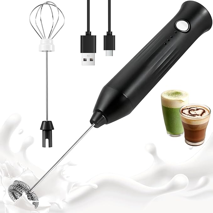 Milk Frother Handheld Rechargeable, Frother Wand Drink Mixer Electric Whisk for Coffee, Detachable With 2 Stainless Whisks, Hand Mixer for Lattes, Matcha, Egg, Kitchen Gifts(Black)