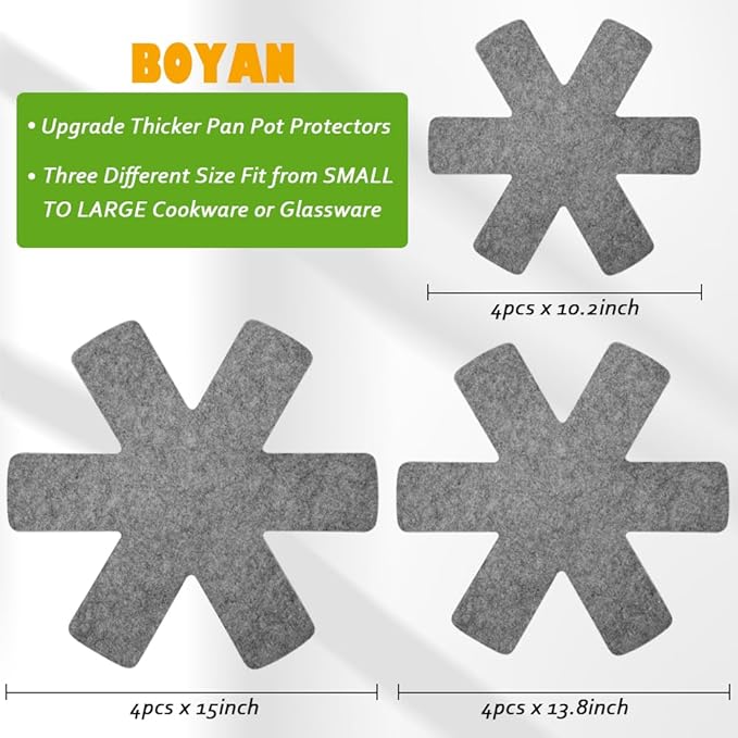 BOYAN Pot and Pan Protectors, Thicker Felt Pan Pot Separators for Stacking, Set of 12 & 3 Different Sizes, Cookware Protectors for Stacking Skillet Ceramic Saucepan Glassware