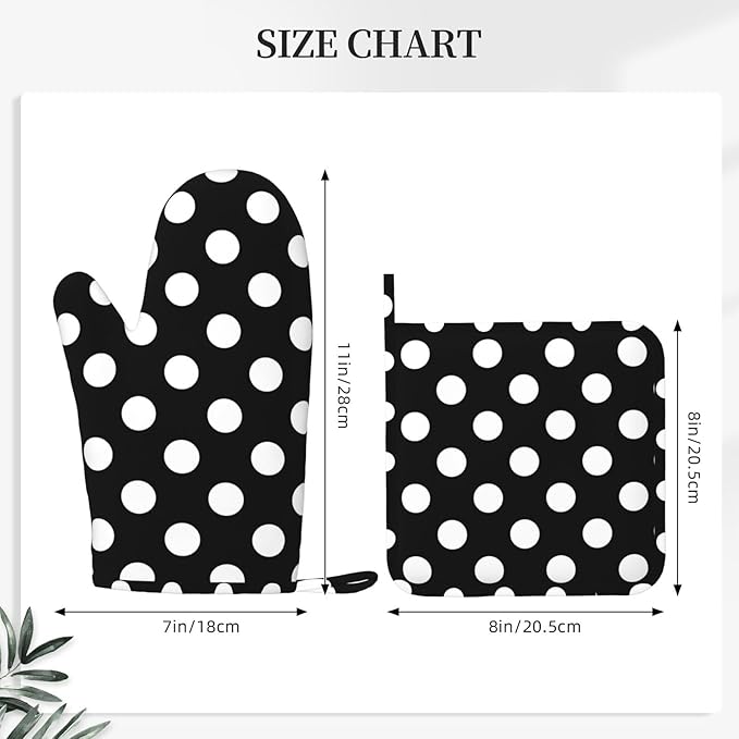 Black White Retro Polka Dot Oven Mitts and Pot Holders Sets of 4, Heat Resistant Silicone Oven Mittens and Potholders Gloves Hot Pads for Kitchen Cooking Baking Grilling BBQ Chef