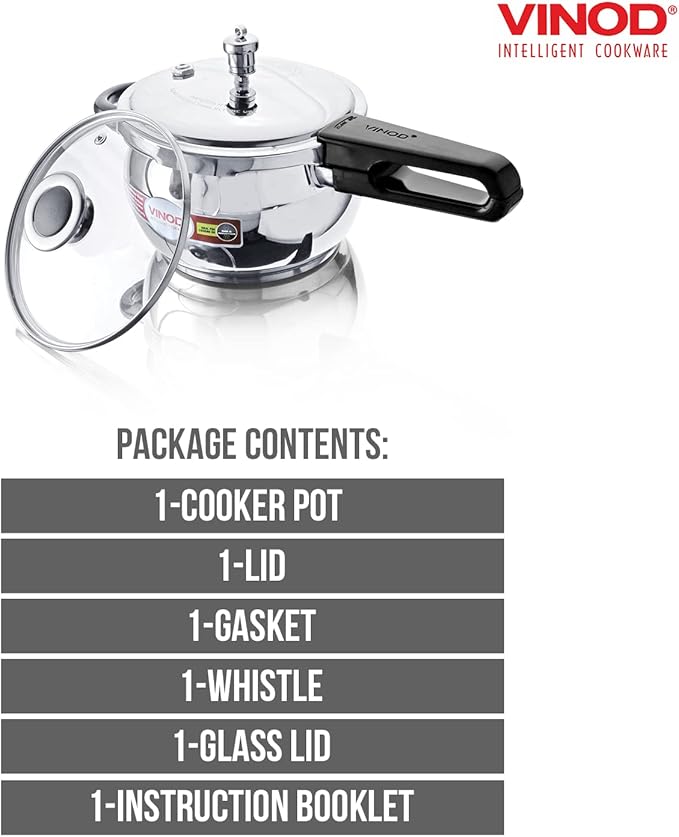 Vinod Pressure Cooker Stainless Steel – Glass Lid Handi Pot - 2.5 Liter – Indian Pressure Cooker – Stove Top Sandwich Bottom – Best Used For Indian Cooking, Soups, and Rice Recipes, Quinoa