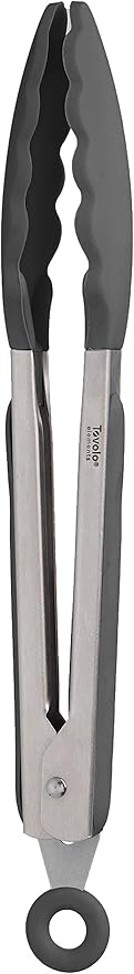 Tovolo Kitchen Tongs with Silicone Tips 9 Inch for Cooking Mixing & Serving, Easy Clean Dishwasher Safe Silicone Tipped Tongs with Locking Stainless Steel Heat Resistant, Charcoal Gray