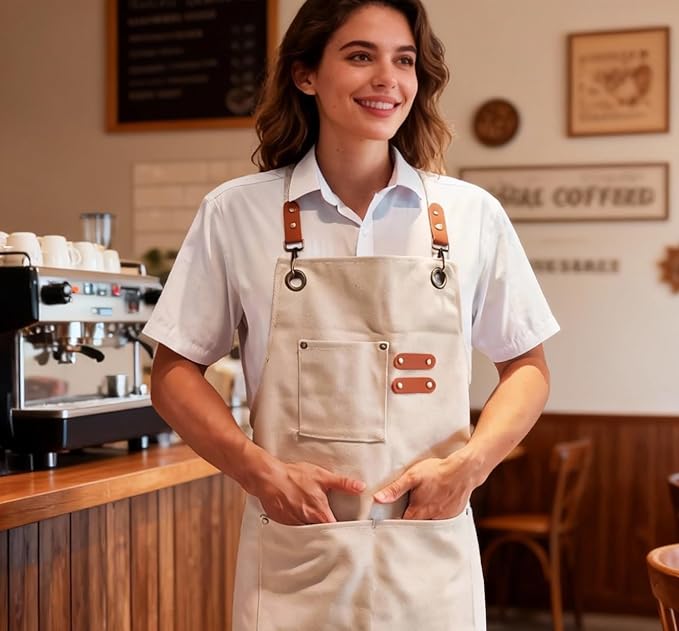 Chef Apron with Large Pockets for Women Men, Cotton Canvas Cross Back Water Repellent Adjustable Work Apron