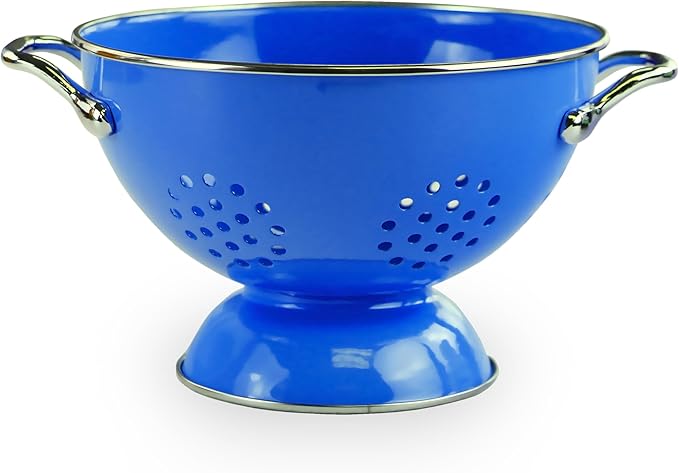Reston Lloyd, 1.5 Quart Powder Coated Steel Kitchen Strainer Basket for draining Pasta, Vegetable and Fruit, Chrome Handles and Wide Stable Base, Azure