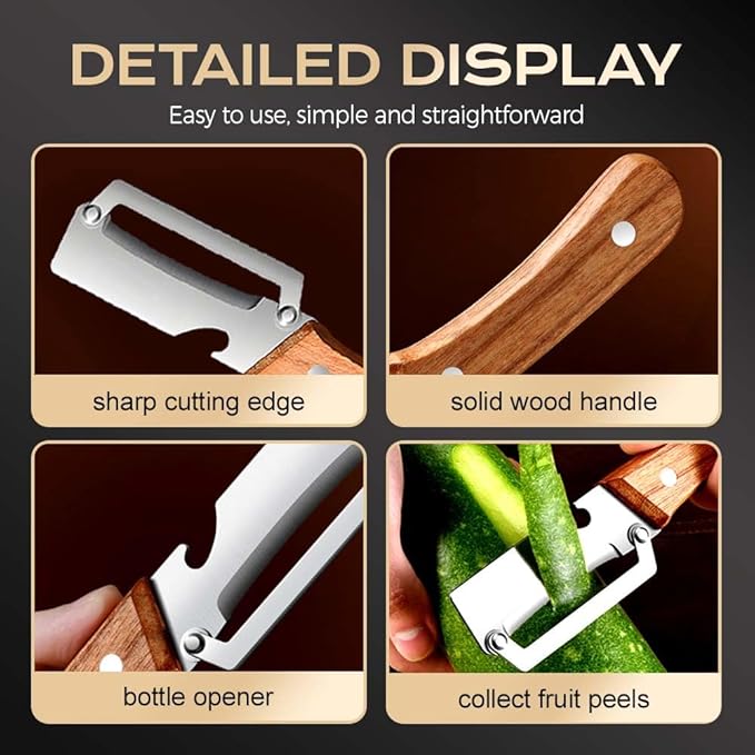 3 Packs Multi-Functional Vegetable Peeler for Kitchen, 2 in 1 Fruit Peeler and Bottle Opener, Stainless Steel Curved Blade Fruit & Vegetable Peeler for Potato Pumpkin Papaya Zucchini (Wood)