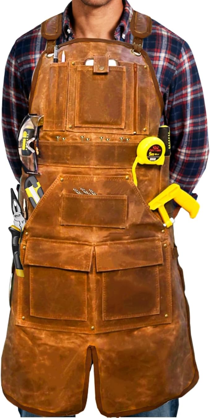 20-Pocket Heavy-Duty Waxed Canvas Work Apron – Fully Adjustable, Vintage Style Tool Organizer