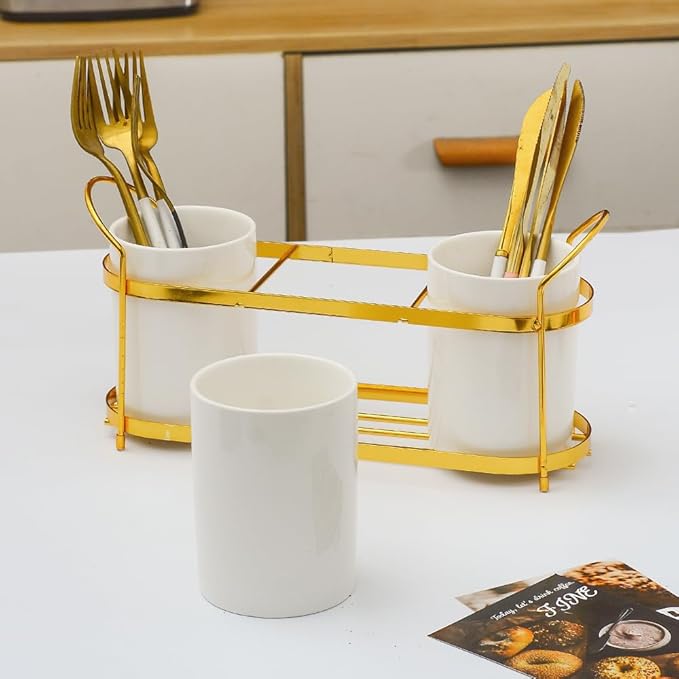 3-Piece White Ceramic Silverware Holder for Party Countertop, Utensil Holder with Golden Metal Rack Flatware Caddy Cutlery Storage Organizer for Kitchen Table (White+Gold A)