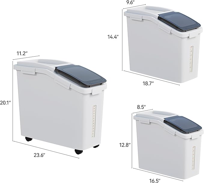 DWVO Large Ingredient Storage Bins, 20.6 Gal(11.4+5.8+3.4 Gal) Flour Rice Food storage Containers Bins with Wheels, Scoop and Airtight Lid for Dry Food, Flour, Cereal Grain, Sugar, White, Pack of 3