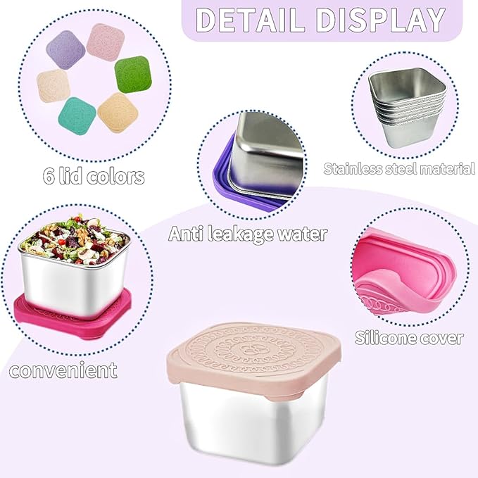 HTEVW 6Pack Stainless Steel Snack Containers for Kids, Easy Open Leak Proof Metal Toddler Snack Containers with Silicone Lids, Stackable Metal Toddler Lunch Box for Daycare, School and Travel (6oz)