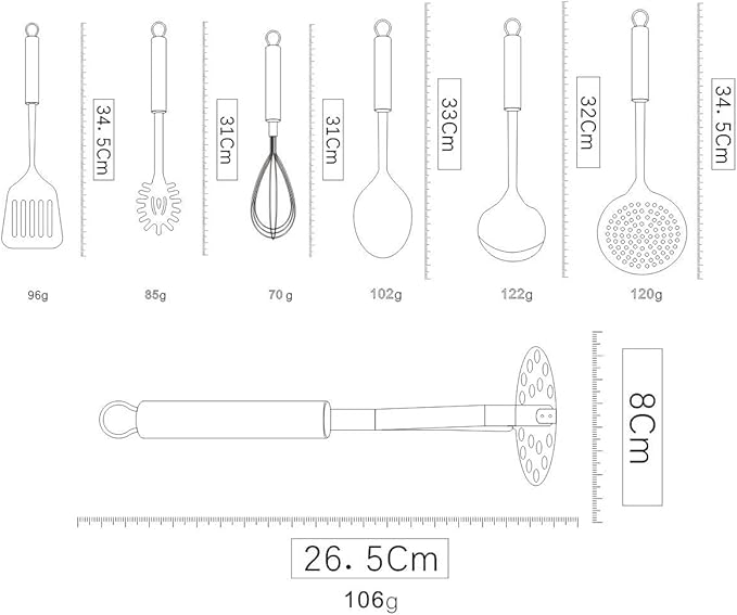 Berglander Cooking Utensil Set 8 Piece, Stainless Steel Kitchen Tool Set with Stand,Cooking Utensils, Slotted Tuner, Ladle, Skimmer, Serving Spoon, Pasta Server,Potato Maseher, Egg Whisk. （8 Pieces）