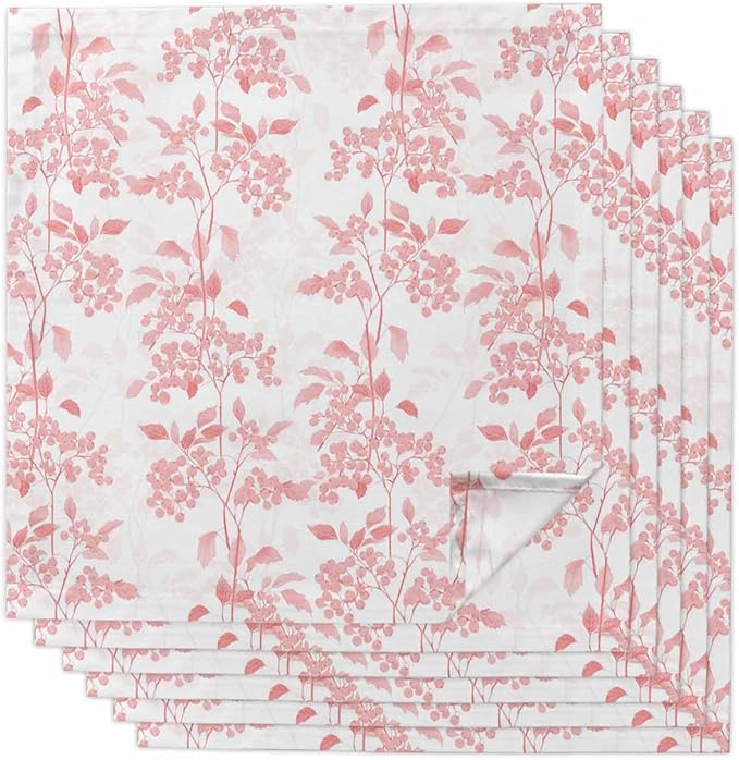 Pink Flower Leaves Cloth Napkins Set of 6 - Washable Dinner Napkins Reusable Table Napkin for Home Party Weeding Dining Table Setting Decoration,Oversized Grey Modern Pastel White Floral Spring Summer